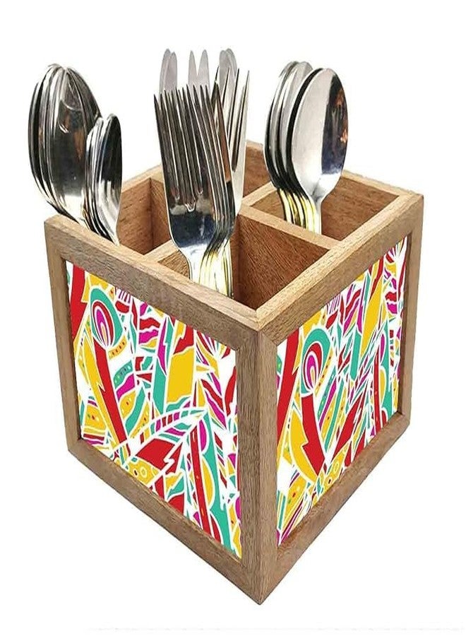 نتكيس حامل أدوات مائدة خشبي من نوتكيس، منظم ملاعق وشوك وسكاكين، مناسب لطاولة الطعام والمطبخ - صنع في الهند - الملاعق غير متضمنة - ريش قوس قزح - Image 5